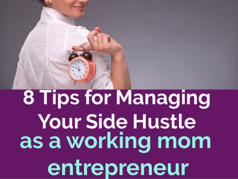 Woman smiling with a clock symbolizing that she has mastered time management as a working mom with a side hustle.