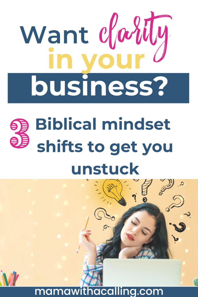 Woman looking at computer with question marks over her head to reflect many ideas - Biblical mindset shifts to get clarity and get unstuck in business
